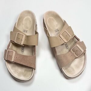 Birkenstock Two-Strap Sandals in Beige and Taupe